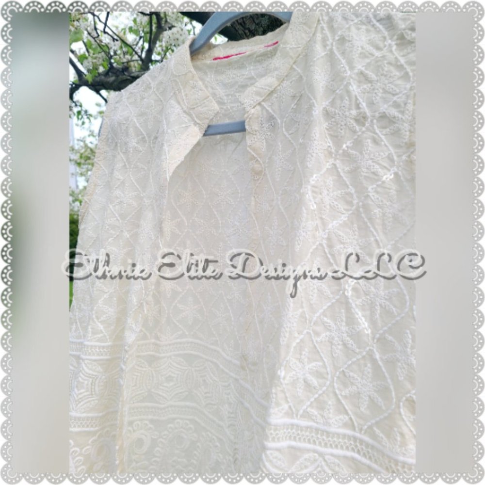 New Off-White Chikankari Vest - Embroidered Work Nehru Jacket - Closed Colla… - Picture 4 of 10